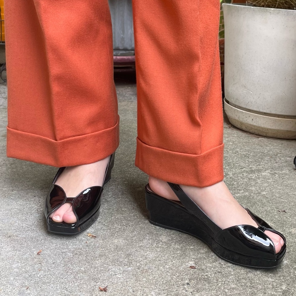 Vintage black Prada patent leather wedges with dust bag